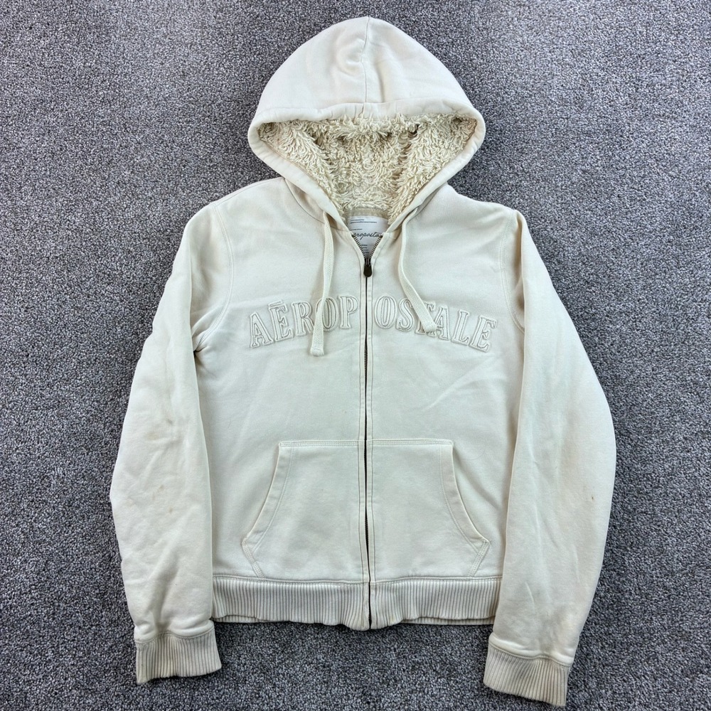 Y2K Aeropostale Hoodie Women's XL Cream Cotton Blend Sherpa Lined Hood Full Zip